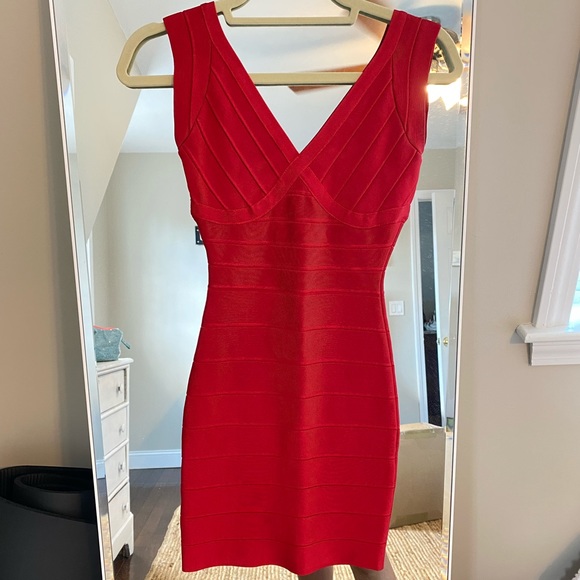 Herve Leger Dresses & Skirts - Herve Leger Red V Neck Mini Bandage Dress XS